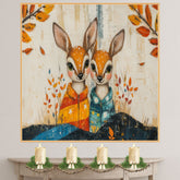 Whimsical Painting of Two Adorable Baby Deer in Colorful Pajamas Surrounded by Autumn Leaves and Nature-Inspired Background in Warm Fall Tones on Ready to Hang 1.5" Thick Canvas Wrap, Floating Framed Canvas, Flat Rolled Canvas